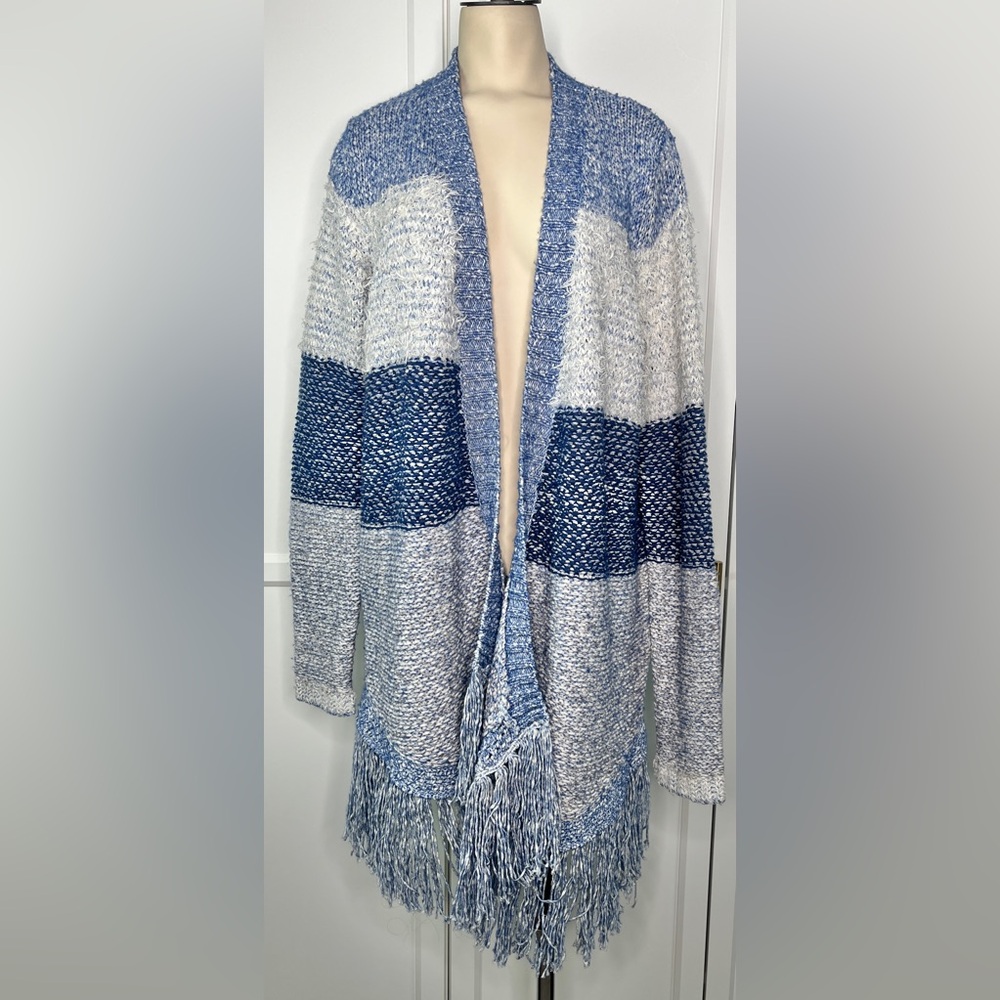 NWOT Lucky Brand Cardigan Knit Sweater Blue & White Fringe Cotton Wool Duster